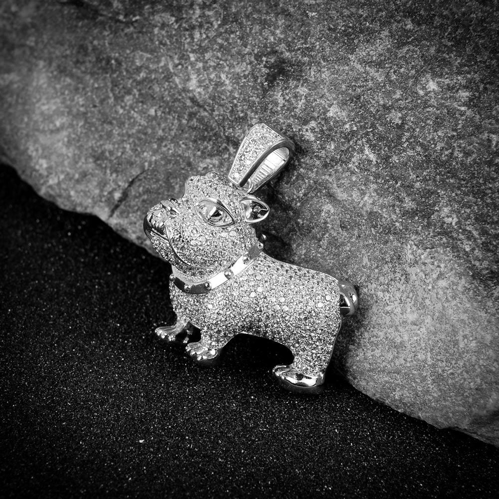 Mens 14K White Gold On Real Sterling Silver Simulated Simulated Diamond Bulldog Custom Pendant Charm