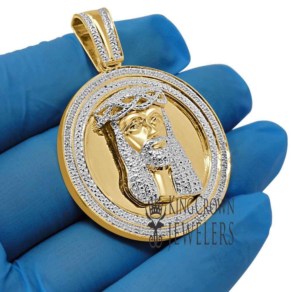 Real Genuine Authentic Diamonds 24+ Grams Jesus Face Round Medallion Charm 10K Gold Over Men's Pendent 2.25''