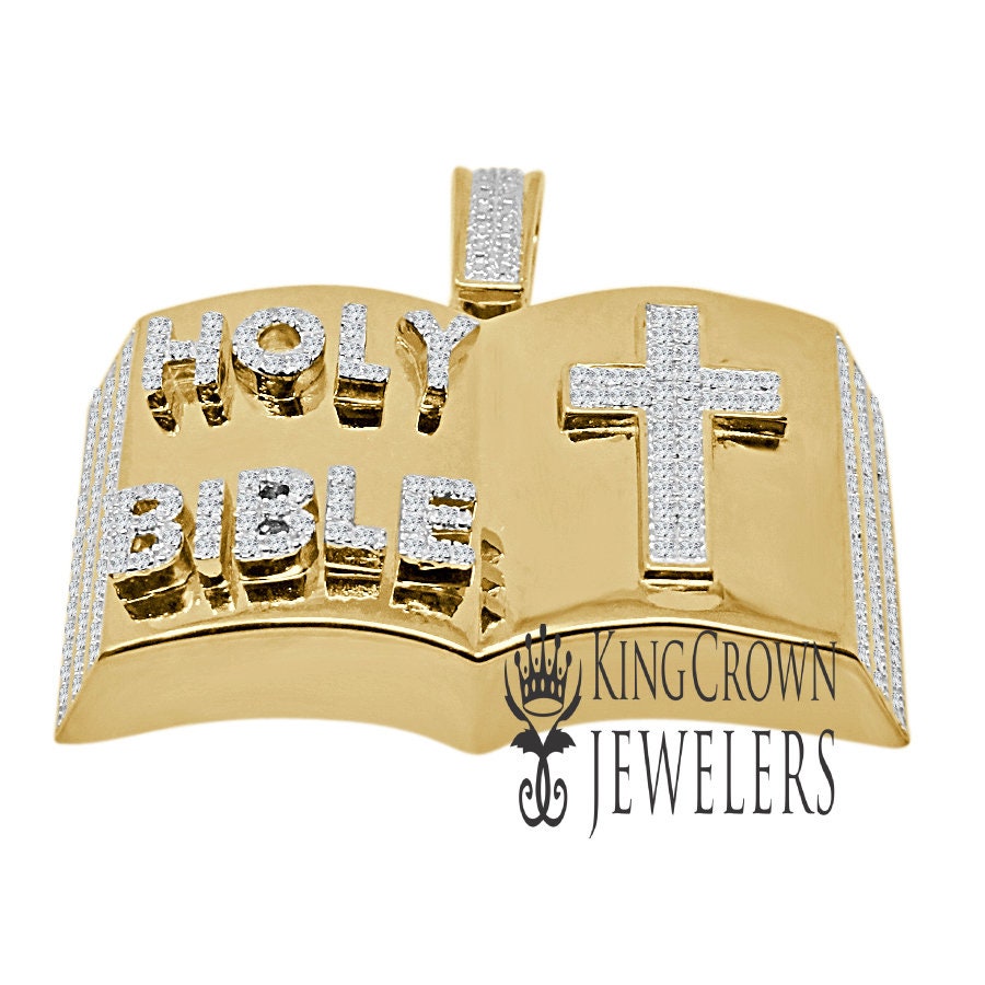Real Genuine Diamond 10K Yellow Gold Finish Open Holy Bible Book Cross Pendant Cross Charm