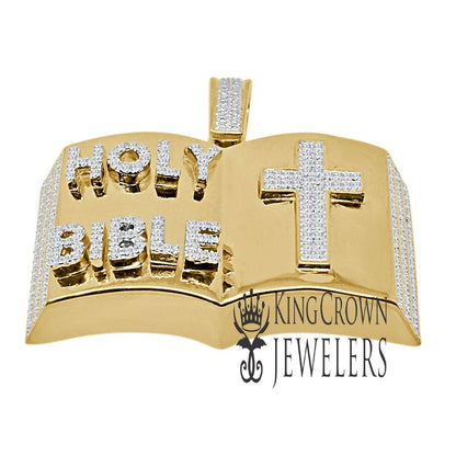 Real Genuine Diamond 10K Yellow Gold Finish Open Holy Bible Book Cross Pendant Cross Charm