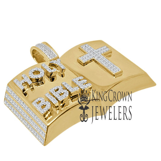Real Genuine Diamond 10K Yellow Gold Finish Open Holy Bible Book Cross Pendant Cross Charm