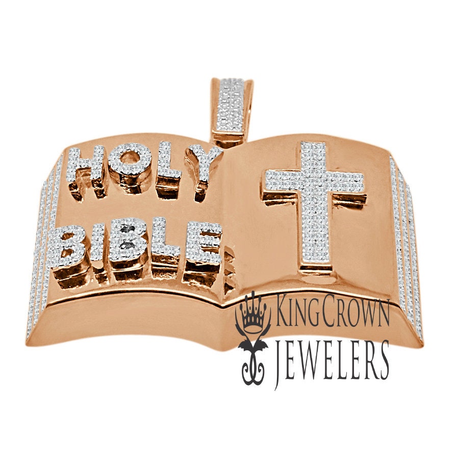 Real Genuine Diamond 10K Rose Gold Finish Open Holy Bible Book Cross Pendant Cross Charm