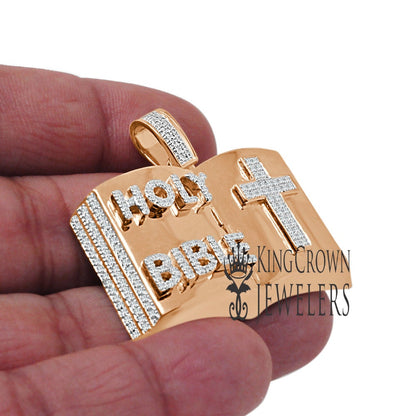 Real Genuine Diamond 10K Rose Gold Finish Open Holy Bible Book Cross Pendant Cross Charm
