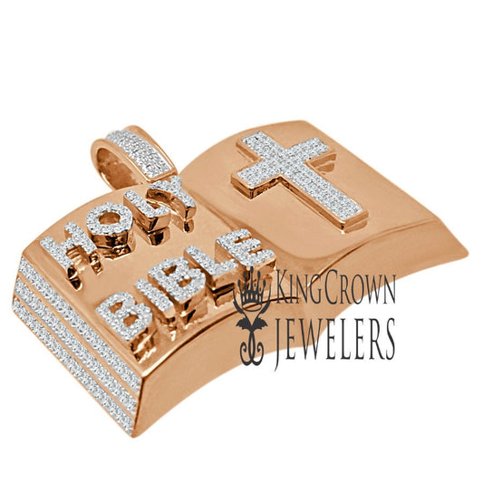 Real Genuine Diamond 10K Rose Gold Finish Open Holy Bible Book Cross Pendant Cross Charm