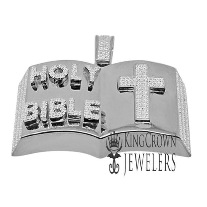 Real Genuine Diamond 10K White Gold Finish Open Holy Bible Book Cross Pendant Cross Charm