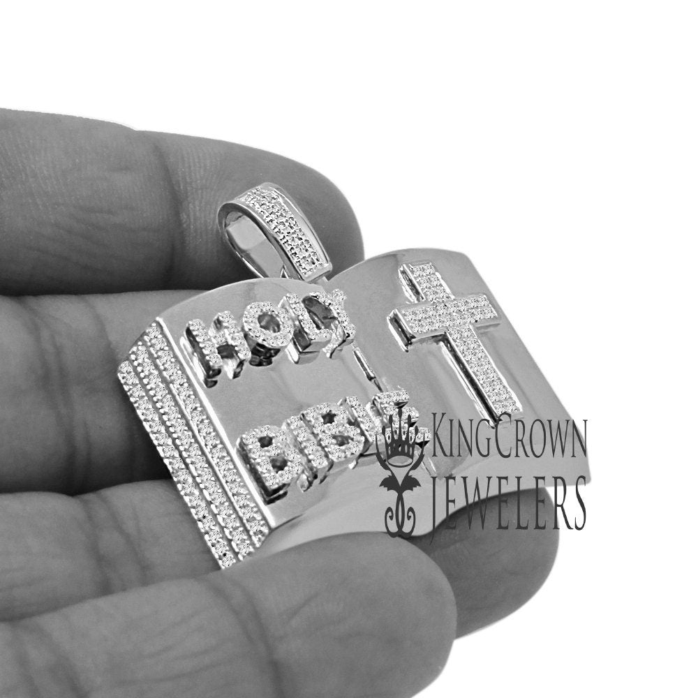 Real Genuine Diamond 10K White Gold Finish Open Holy Bible Book Cross Pendant Cross Charm