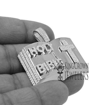 Real Genuine Diamond 10K White Gold Finish Open Holy Bible Book Cross Pendant Cross Charm