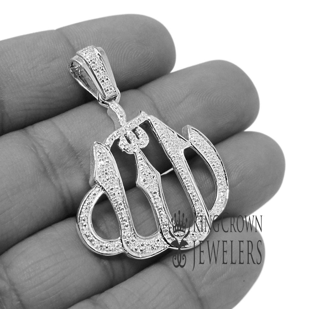 Real Genuine Diamond 10K White Gold Finish Allah God Muslim Pendant Cross Charm