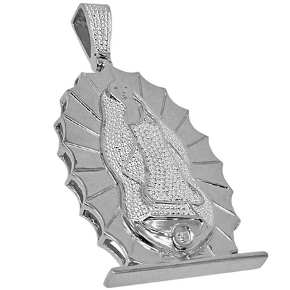 Mens Real Genuine Diamond 10K White Gold Tone Mother Mary Cherub Pendant Charm