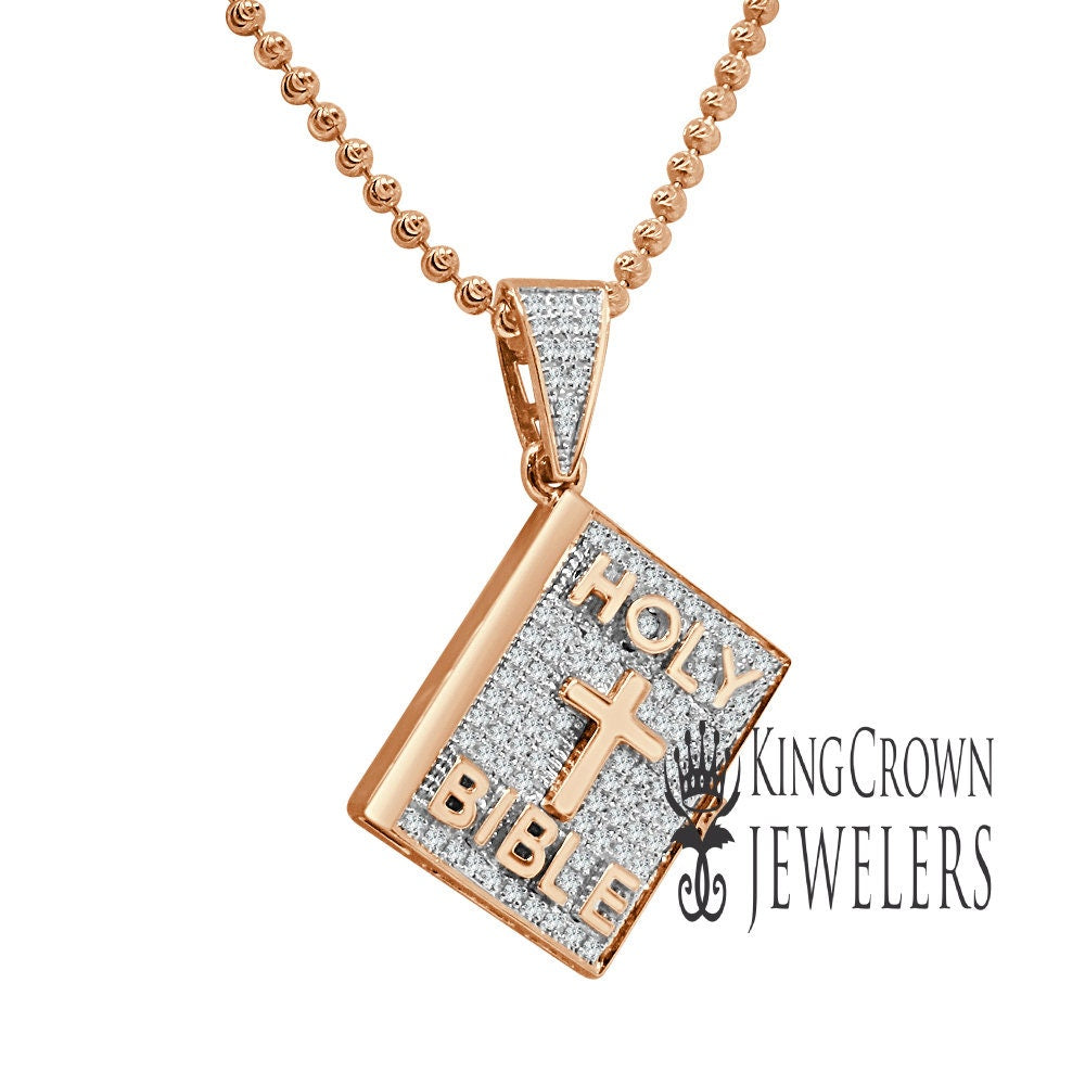 Genuine Authentic Diamond Mini Holy Bible Book 10K Rose Gold Finish Pendent Charm + Chain