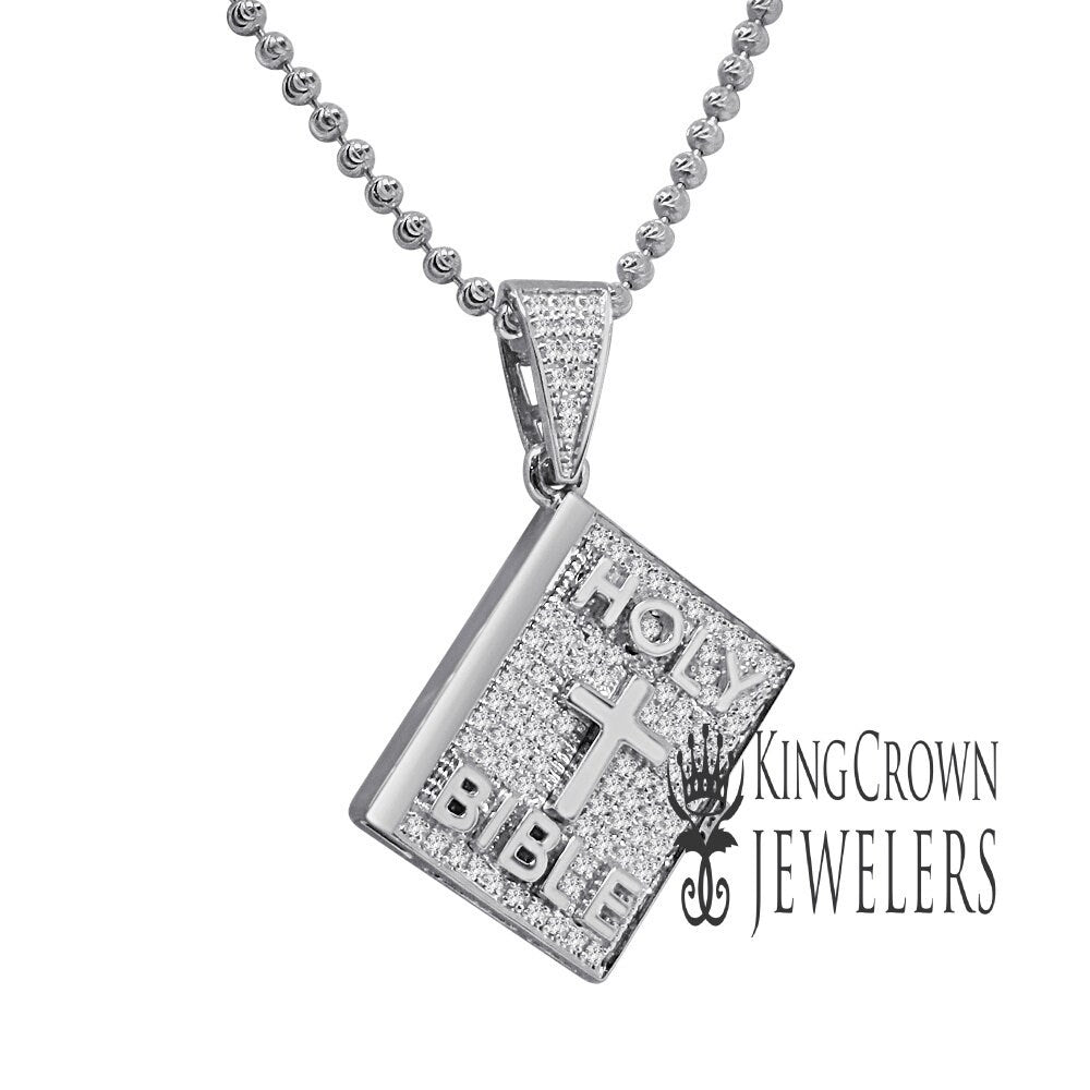 Genuine Authentic Diamond Mini Holy Bible Book 10K White Gold Finish Pendent Charm + Chain