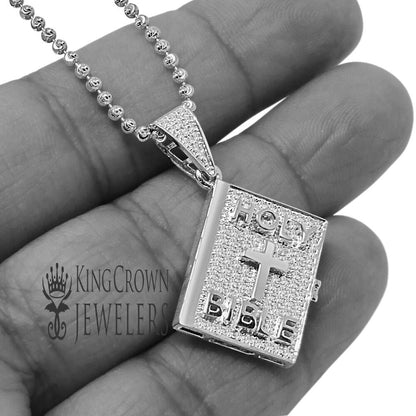 Genuine Authentic Diamond Mini Holy Bible Book 10K White Gold Finish Pendent Charm + Chain