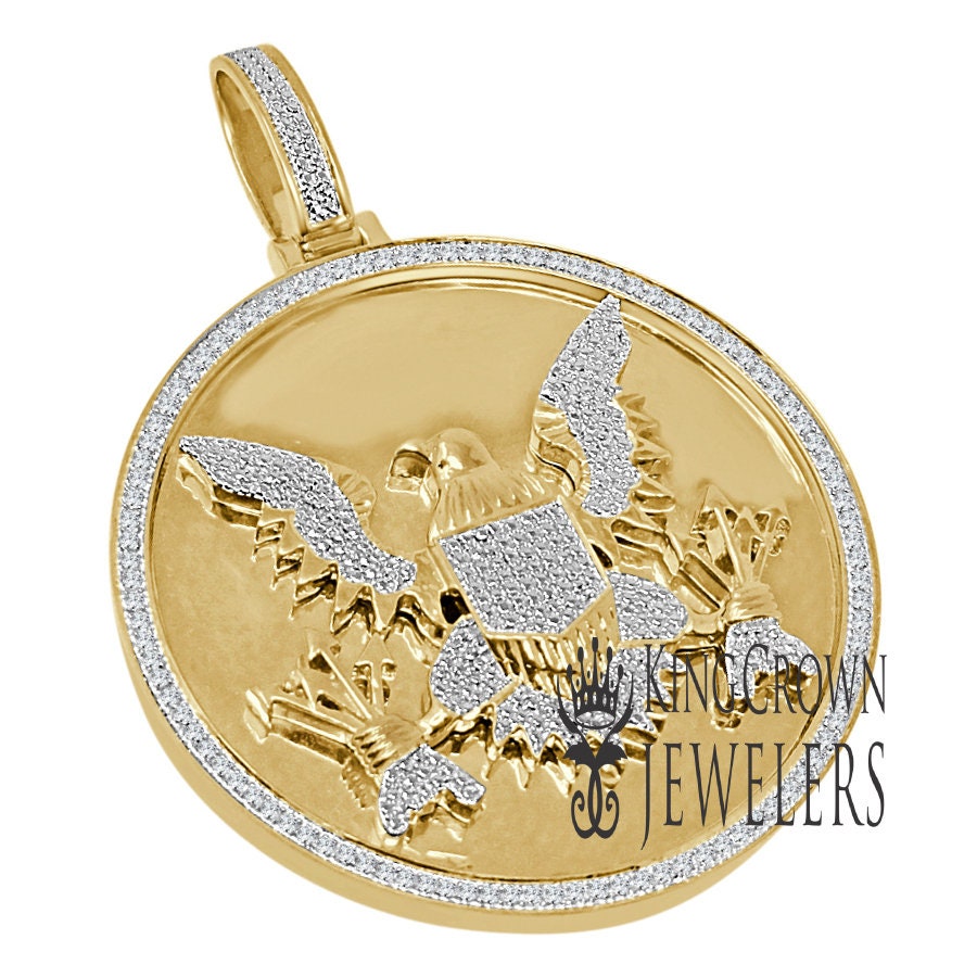 Mens Genuine Real Diamond President Seal American Eagle Pendent 10K Gold Finish Charm 2.75''