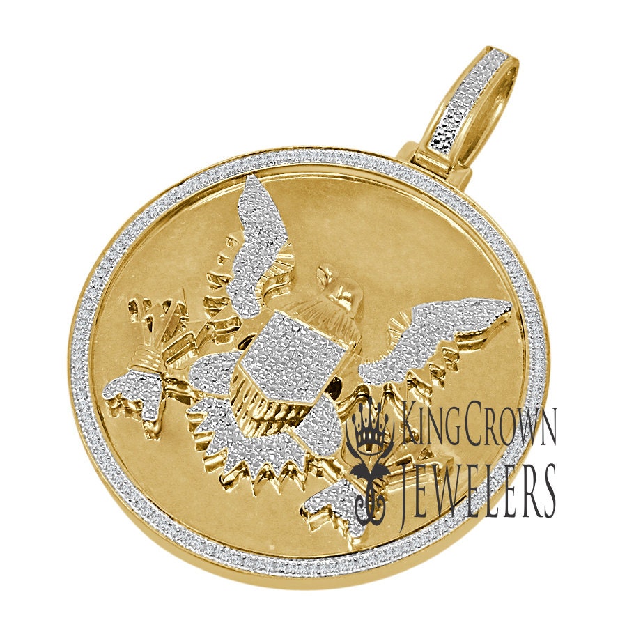 Mens Genuine Real Diamond President Seal American Eagle Pendent 10K Gold Finish Charm 2.75''