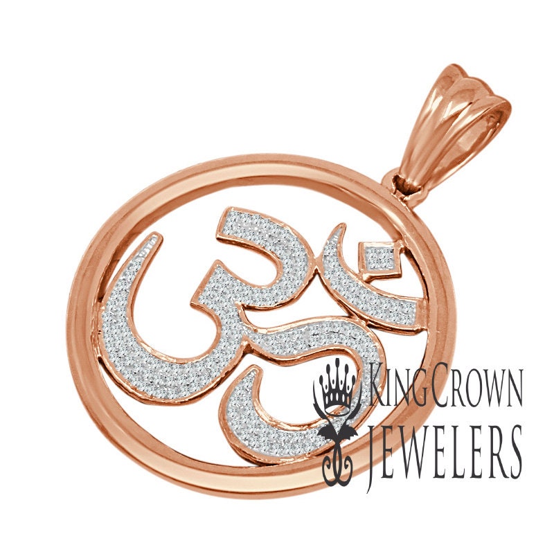 Real Genuine Authentic Diamond 0.40 Cwt. OM Symbol Hindu Medallion Charm 10K Solid Rose Gold Finish Unisex Religious Pendant 1.65''