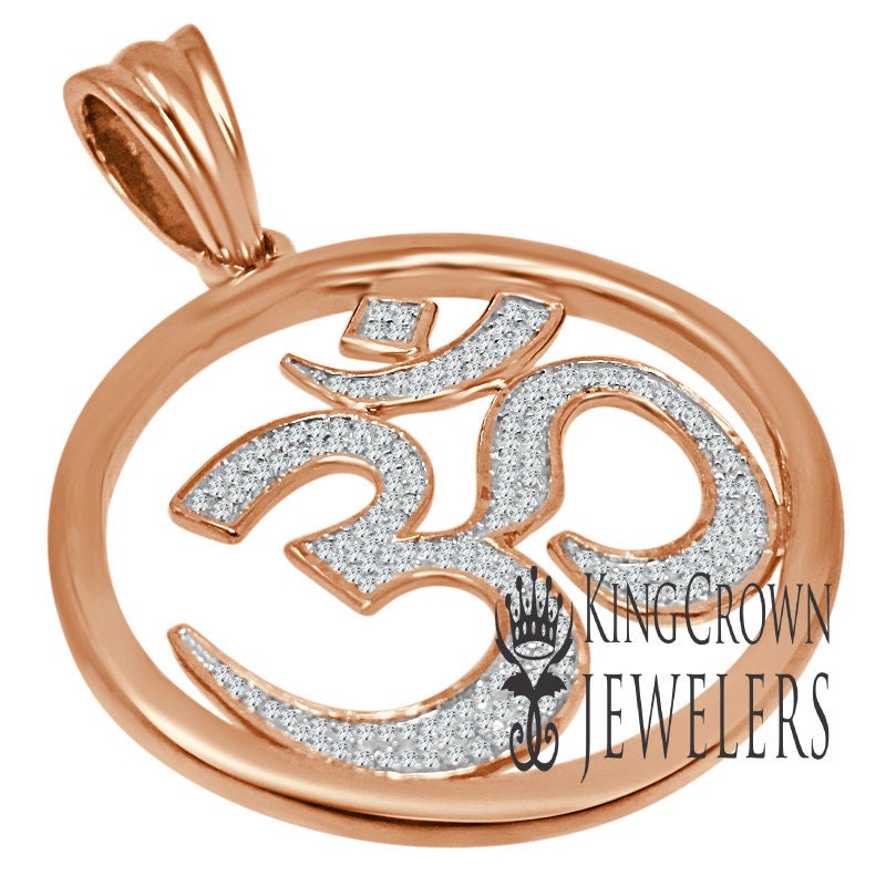 Real Genuine Authentic Diamond 0.40 Cwt. OM Symbol Hindu Medallion Charm 10K Solid Rose Gold Finish Unisex Religious Pendant 1.65''