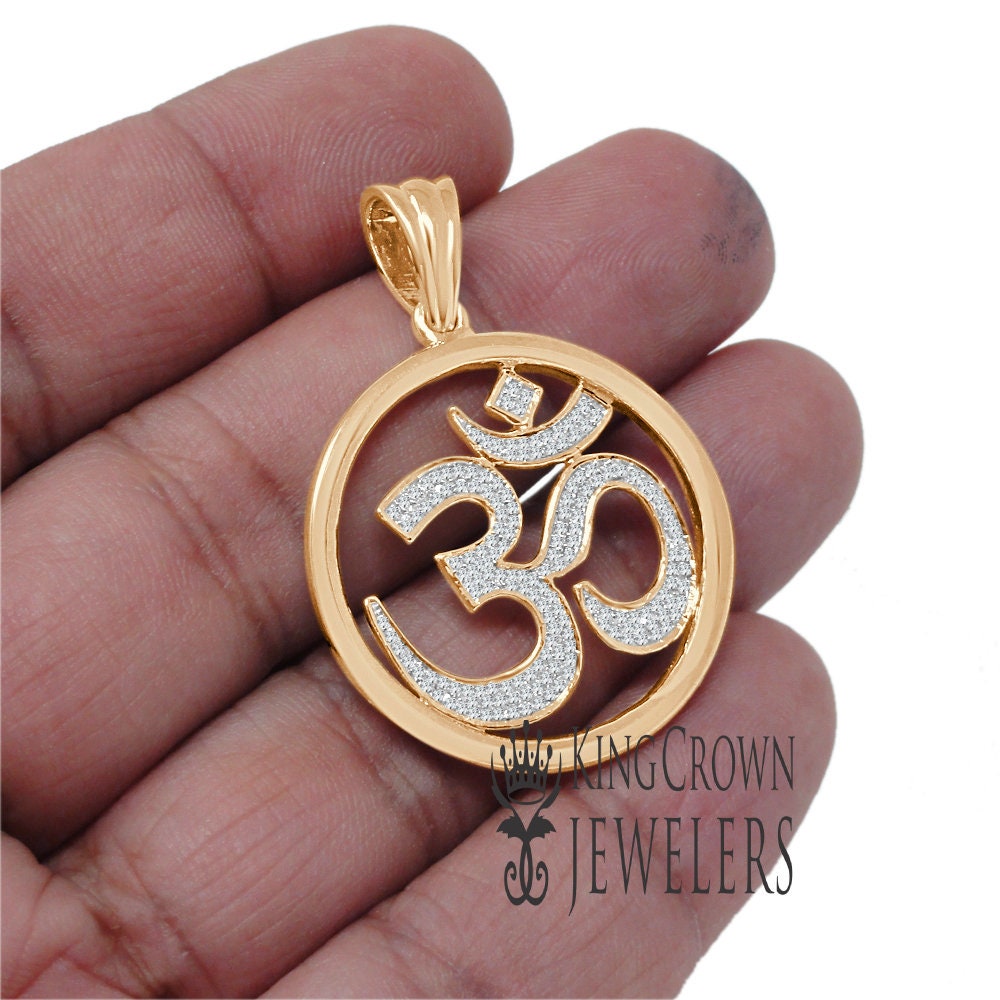 Real Genuine Authentic Diamond 0.40 Cwt. OM Symbol Hindu Medallion Charm 10K Solid Rose Gold Finish Unisex Religious Pendant 1.65''