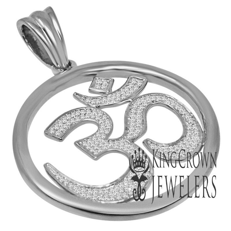 Real Genuine Authentic Diamond 0.40 Cwt. OM Symbol Hindu Medallion Charm 10K Solid White Gold Finish Unisex Religious Pendant 1.65''