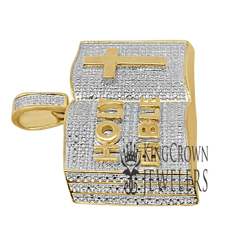 Mens Genuine Diamonds Holy Bible Book Pendant Cross Charm 10K Yellow Gold Finish