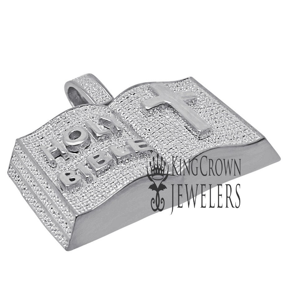 Mens Genuine Diamonds Holy Bible Book Pendant Cross Charm 10K White Gold Finish