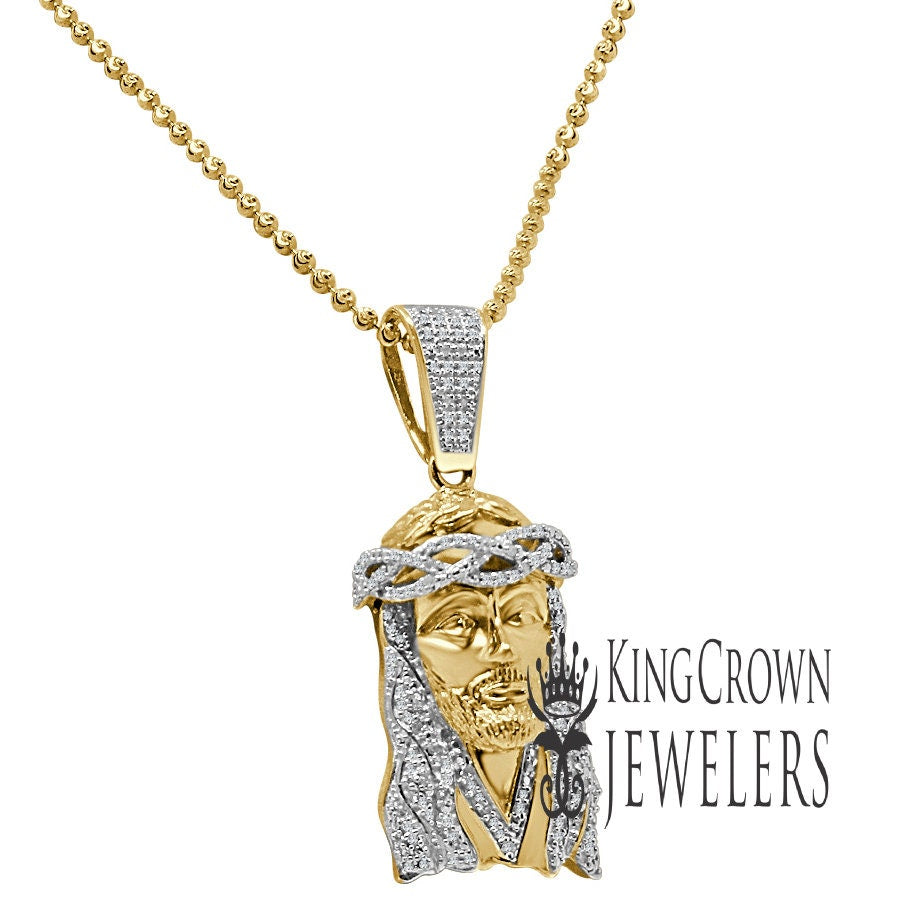 Genuine Diamond Yellow Gold Finish Mens Mini Jesus 1.75" Charm Pendant Chain Set