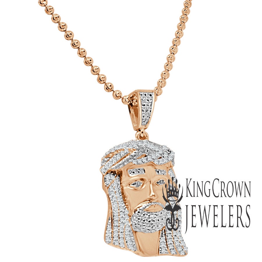 Unisex Real Genuine Diamond 10K Rose Gold Finish Mini Jesus 1.40" Charm Pendant Chain Set