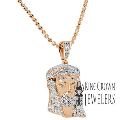 Unisex Real Genuine Diamond 10K Rose Gold Finish Mini Jesus 1.40" Charm Pendant Chain Set