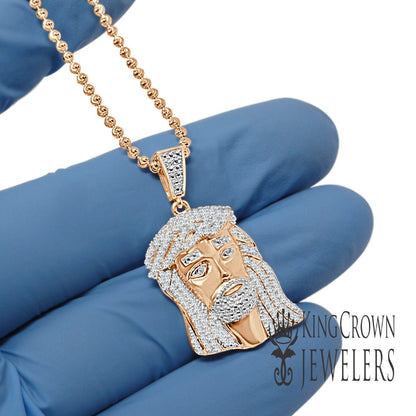 Unisex Real Genuine Diamond 10K Rose Gold Finish Mini Jesus 1.40" Charm Pendant Chain Set