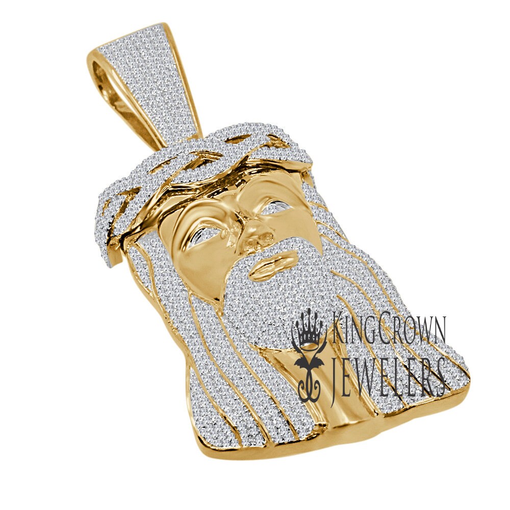 Mens 10K Yellow Gold Over Real Sterling Silver Jesus Face Piece Pendent Charm Big 2.85''