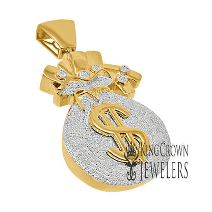 Mens Genuine Real Diamond Money Bag Pendant Dollar Sign Charm 10K Gold Finish 2.5'''
