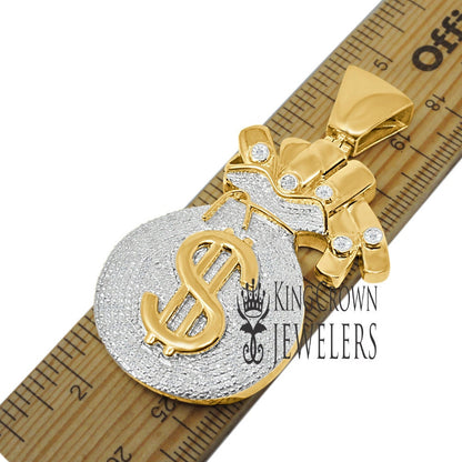 Mens Genuine Real Diamond Money Bag Pendant Dollar Sign Charm 10K Gold Finish 2.5'''