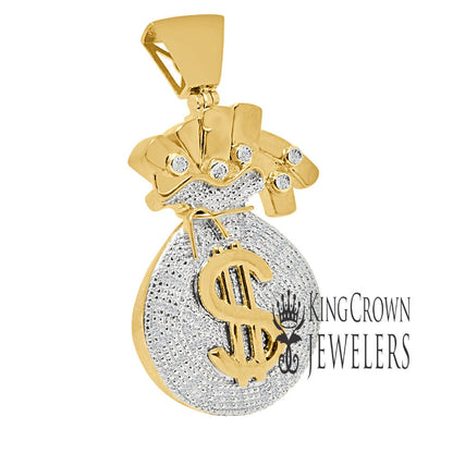 Mens Genuine Real Diamond Money Bag Pendant Dollar Sign Charm 10K Gold Finish 2.5'''