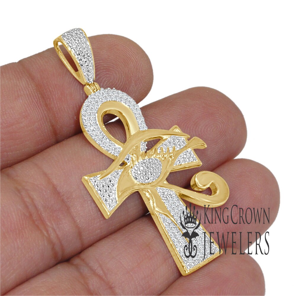 Men's Genuine Real Diamond Egyptian Evil Eye Ankh Cross Charm Chain Set 10K Gold Over Pendant 2''
