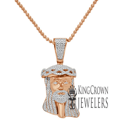 Genuine Diamond Rose Gold Finish Mini Jesus 1.80" Unisex Charm Pendant Chain Set