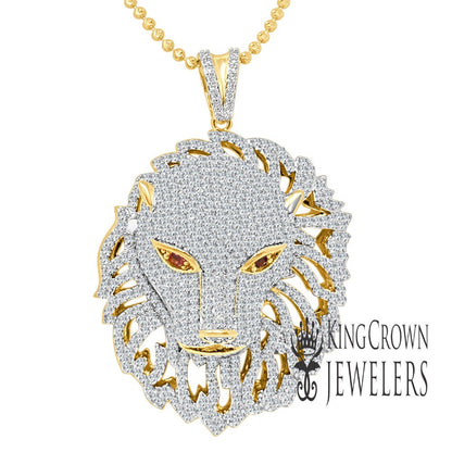 42+ Grams Real Genuine Sterling Silver 3.75 Ct. Simulated Diamond 14K Gold Finish Ruby Red Eye Lion Head Men's Charm Pendant Big Bold 2.75''