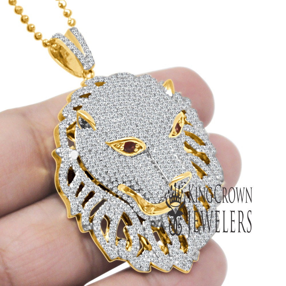 42+ Grams Real Genuine Sterling Silver 3.75 Ct. Simulated Diamond 14K Gold Finish Ruby Red Eye Lion Head Men's Charm Pendant Big Bold 2.75''