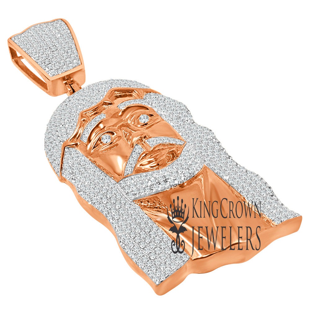 Jumbo 4'' 14K Real Rose Gold Sterling Silver Simulated Diamonds Jesus Holy Face Piece Pendent Charm