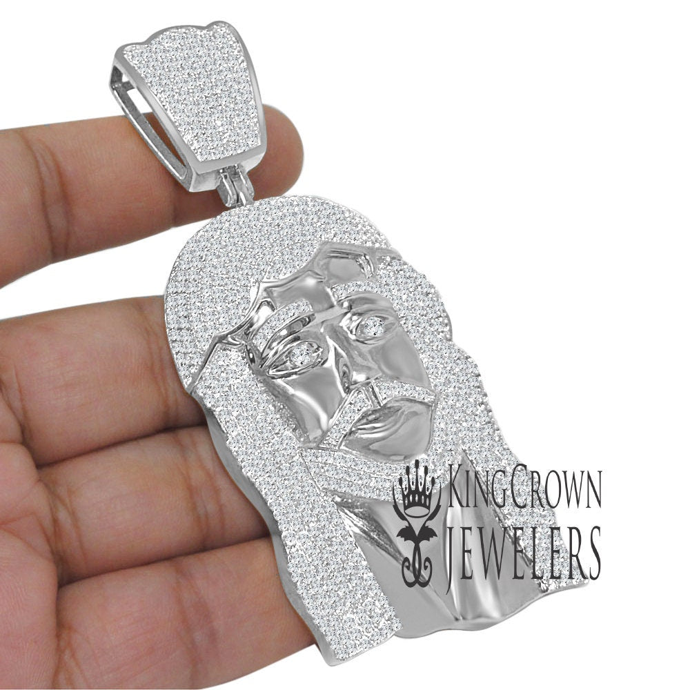 Jumbo 4'' 14K Real White Gold Sterling Silver Simulated Diamonds Jesus Holy Face Piece Pendent Charm