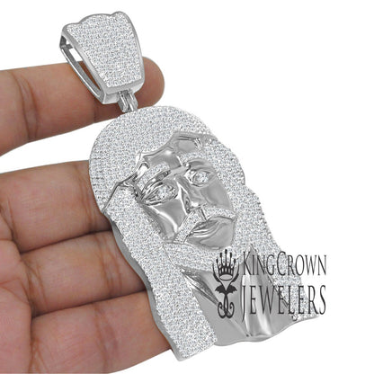 Jumbo 4'' 14K Real White Gold Sterling Silver Simulated Diamonds Jesus Holy Face Piece Pendent Charm