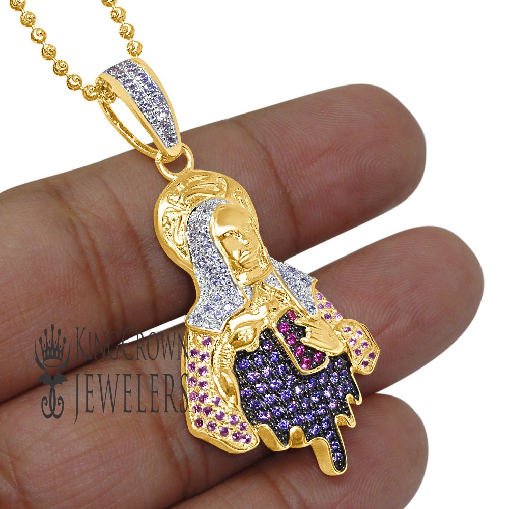 14K Yellow Gold On Silver Lady of Guadalupe Mother Mary Pendant Charm Chain Set