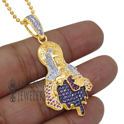 14K Yellow Gold On Silver Lady of Guadalupe Mother Mary Pendant Charm Chain Set