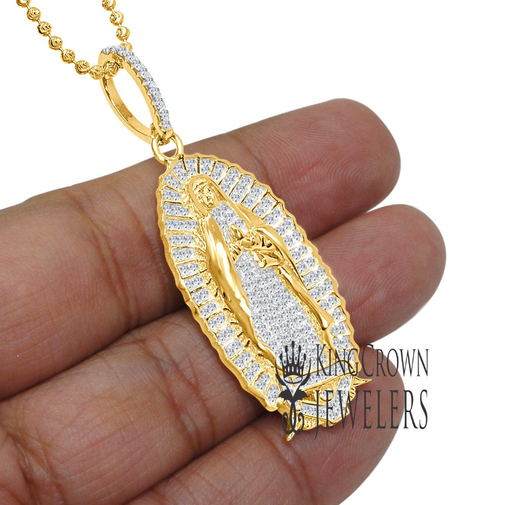 Real Yellow Gold Sterling Silver Lady of Guadalupe Mother Mary Pendant Charm Chain Set