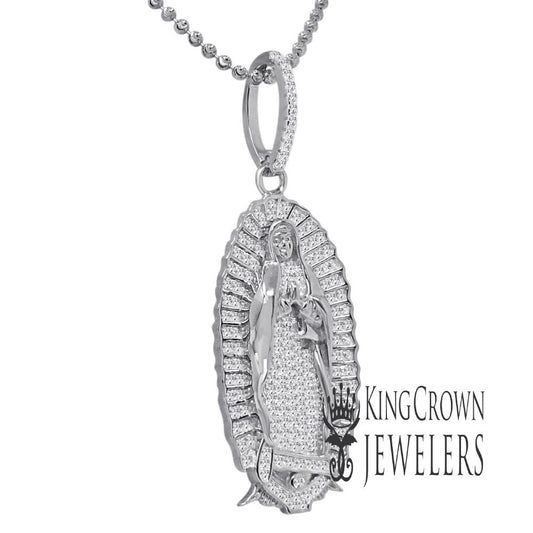 Real White Gold On Sterling Silver Lady of Guadalupe Mother Mary Pendant Charm Chain Set