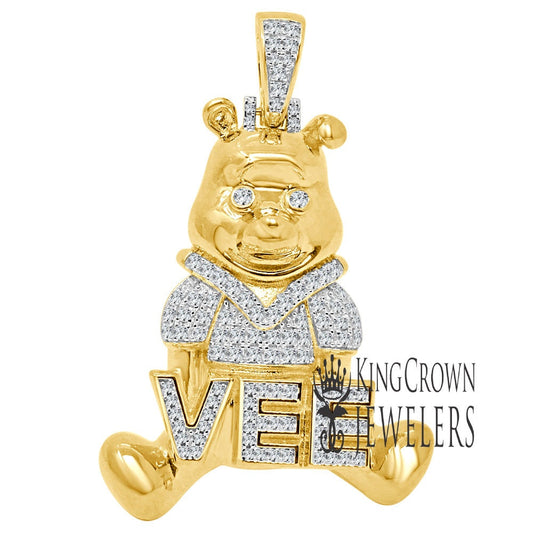 Real Sterling Silver 14K Yellow Gold Finish Teddy Bear Vee Tone Charm Pendant 2"