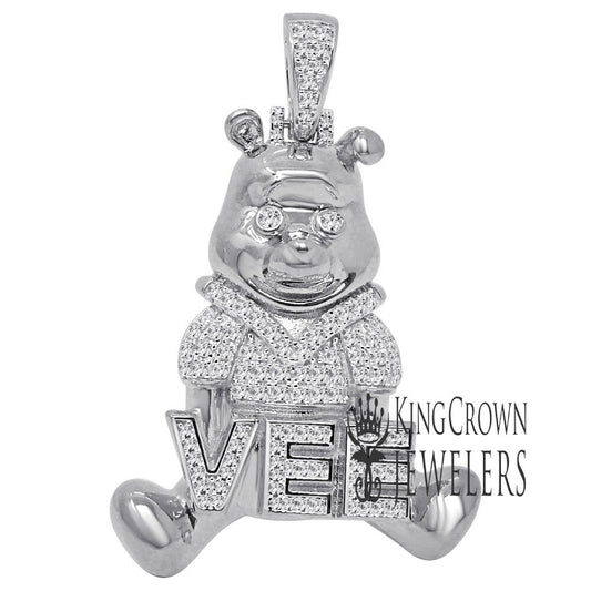 Real Sterling Silver 14K White Gold Finish Teddy Bear Vee Tone Charm Pendant 2"
