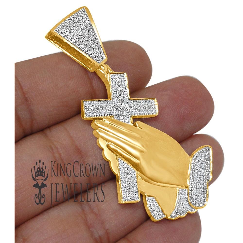 Mens Real Genuine Diamond Cross Praying Hand 10K Yellow Gold Finish Charm Pendant 2.5''