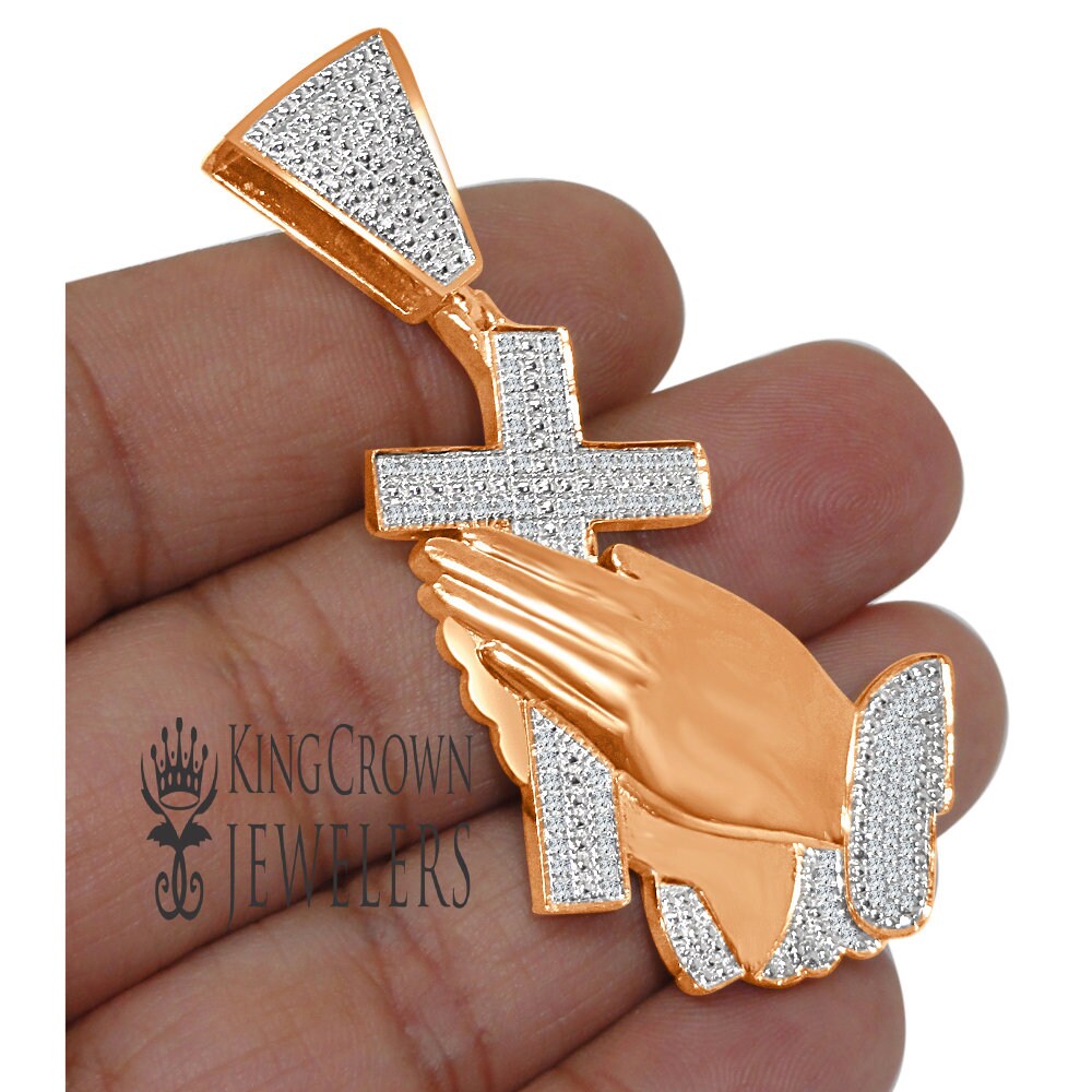 Men's Real Genuine Diamond Cross Praying Hand 10K Rose Gold Finish Charm Pendant 2.5''