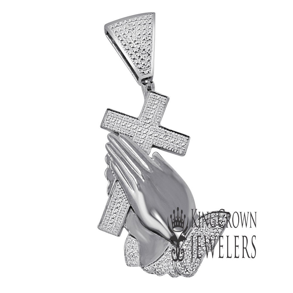 Mens Real Genuine Diamond Cross Praying Hand 10K White Gold Finish Charm Pendant 2.5''