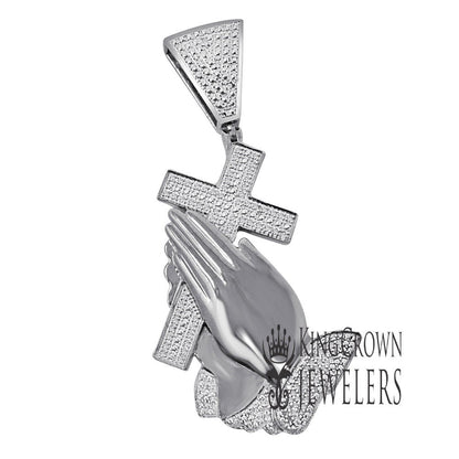 Mens Real Genuine Diamond Cross Praying Hand 10K White Gold Finish Charm Pendant 2.5''