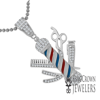 10K White Gold On Real Genuine Sterling Silver Lab Diamond Barber Shop Pole Pendant Charm + Chain